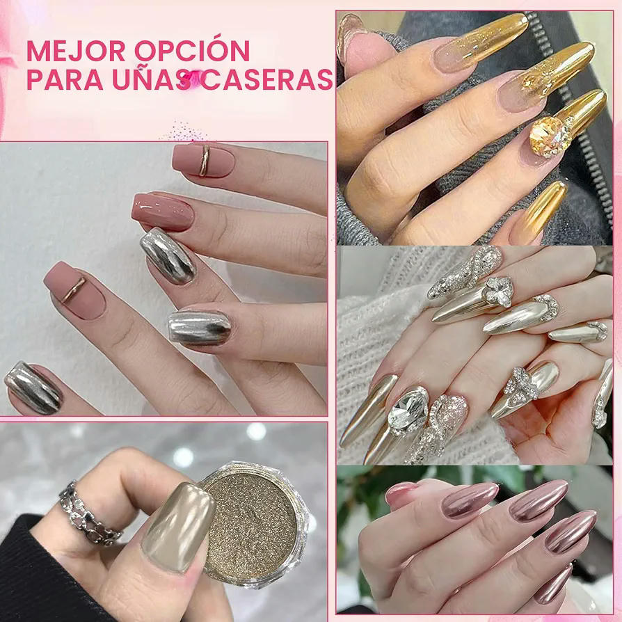 Polvos Cromados para Uñas en 6 Colores, Decoración de Uñas con Efecto Holográfico