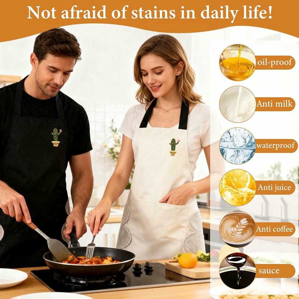 Paquete de 2 Delantales de Cocina para hombre y mujer, con diseño de cactus, impermeable y práctico (Negro y Gris)