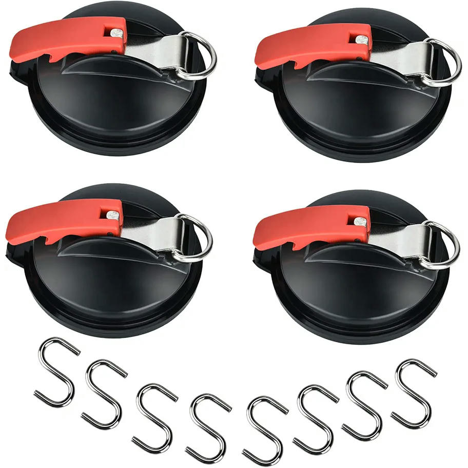 Juego de 4 Ventosas de Anclaje Multifuncionales con Ganchos para Coche, Furgoneta y Toldos - Ventosas Resistentes de Plástico y Metal