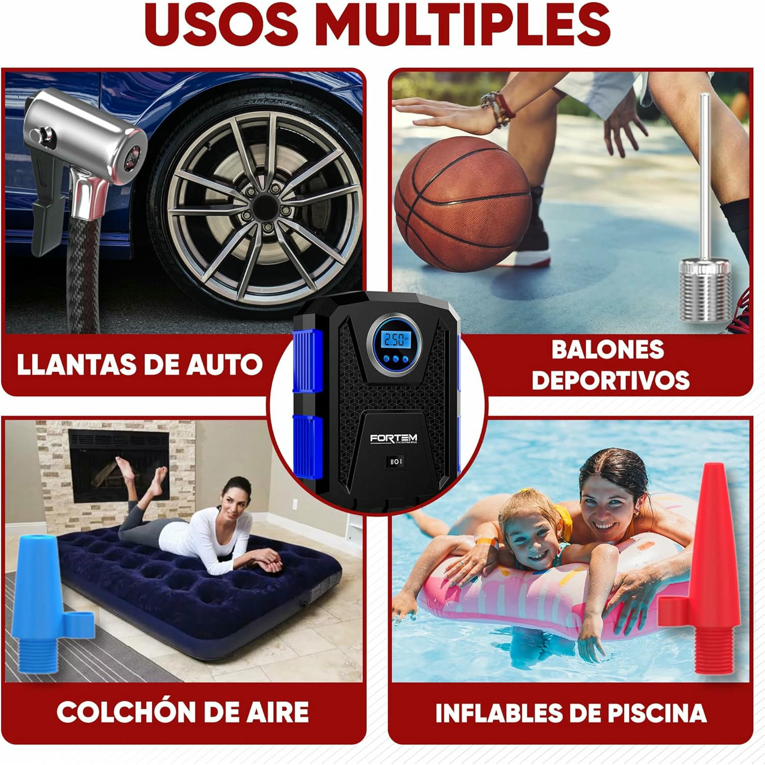FORTEM Inflador de Ruedas de Coche, Compresor de Aire - Compresor de Aire Portátil para Ruedas de 12 V con Luz LED - Manómetro Digital, Autobombeo, Parada Automática - Bolsa de Transporte (Azul)