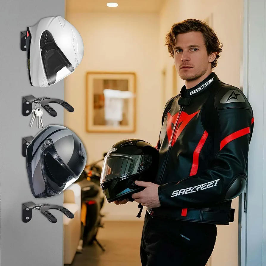 Soporte de Pared para Cascos de Motocicleta, Set de 4 Piezas, Color Negro, Durable y Fácil de Instalar