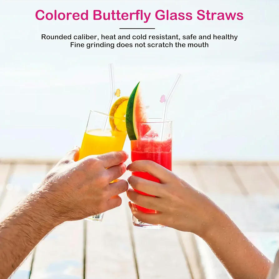 Pajitas de vidrio reutilizables sin BPA - Juego de 6 con decoración de mariposas, longitud de 20 cm, ideales para bebidas frías y calientes (Multicolor)