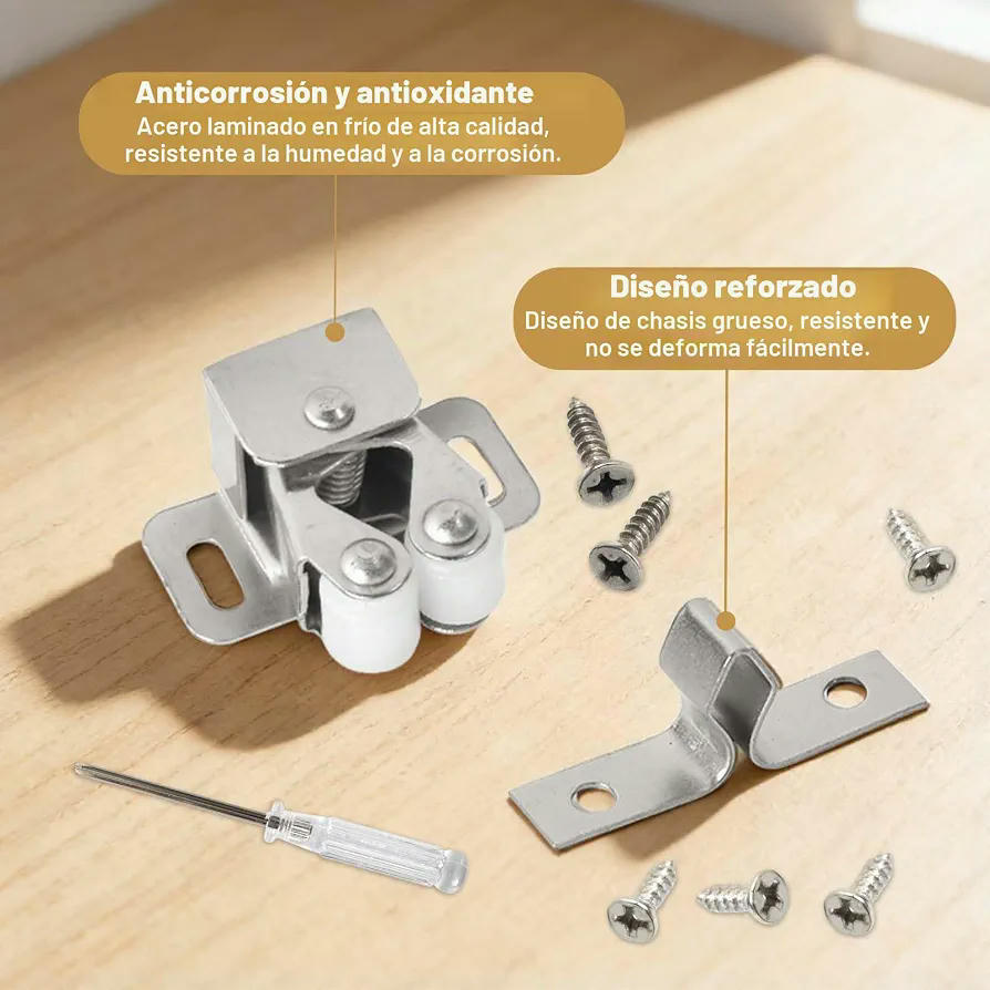 8 Pestillos Doble Rodillo de Acero Inoxidable con Tornillos y Destornillador para Armarios y Puertas (Plateado)