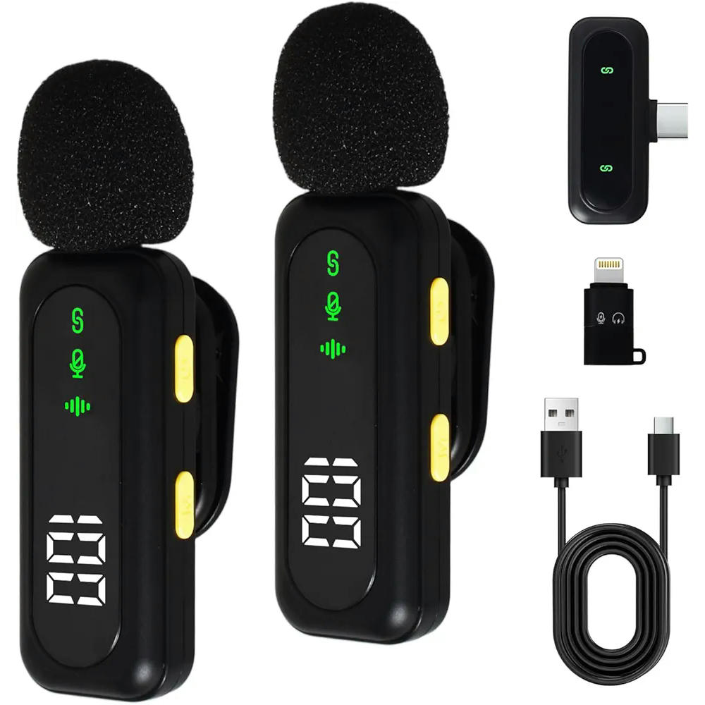 Micrófono de solapa inalámbrico con receptor, adaptador Lightning y filtros antipop, compatible con iPhone, iPad, dispositivos Android y PC, ideal para grabación y streaming