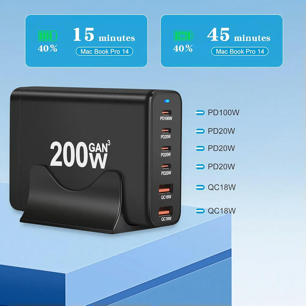 Cargador USB C de 200 W con 6 Puertos: 4 USB-C y 2 USB-A para Carga Rápida (Negro)