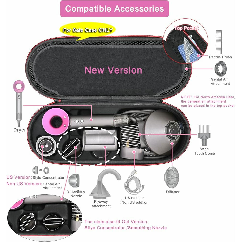 Estuche rígido para accesorios de secador de cabello Dyson, resistente y duradero, ideal para transporte y almacenamiento seguro (color rosa)