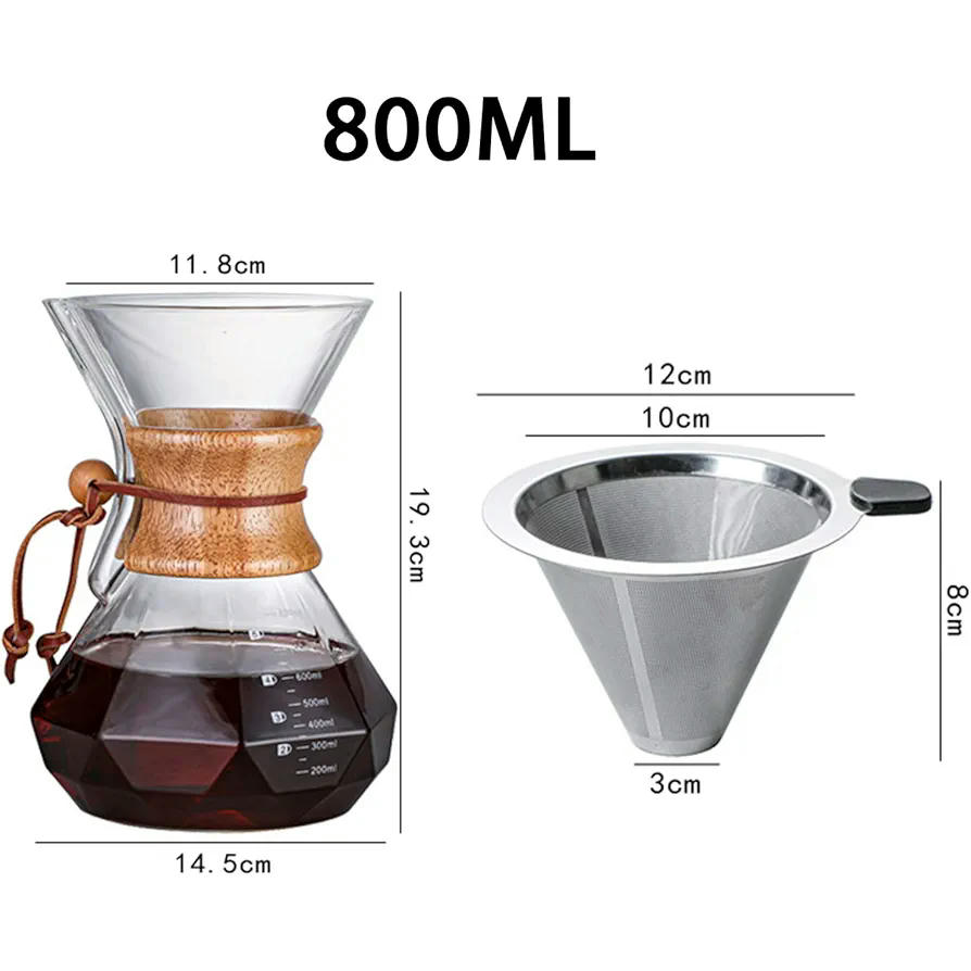 Cafetera Manual de Filtro de Cristal 800 ml, Cafetera de Goteo con Filtro de Acero Inoxidable, Marca de Alta Calidad