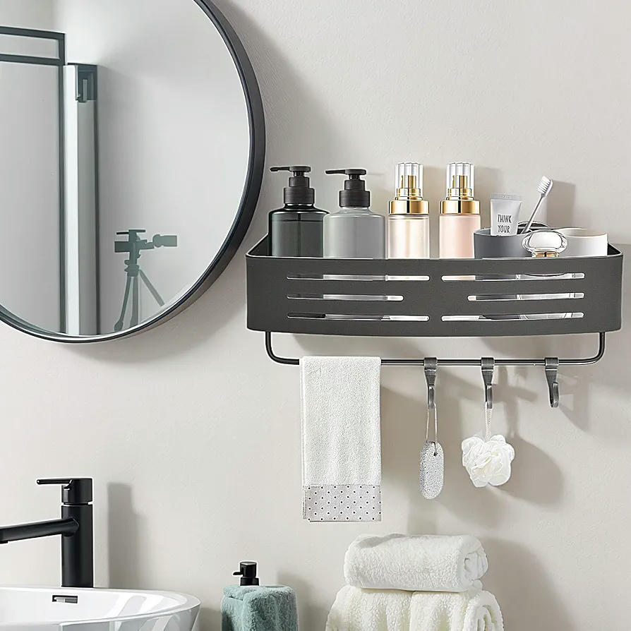 Organizador de Baño de Ducha sin Taladro con Ganchos, Estante Multifuncional, 32 x 12 cm (Gris)