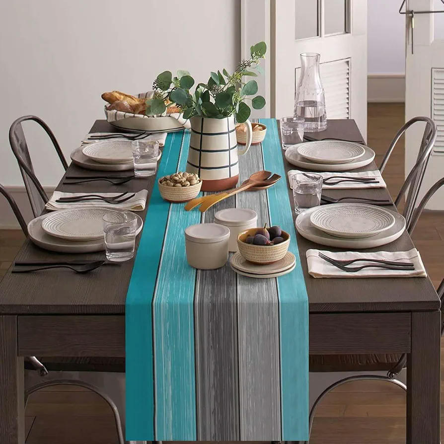 Camino de mesa en lino color verde azulado, diseño moderno y rústico, 33x183 cm, ideal para cafeterías, restaurantes y decoración del hogar