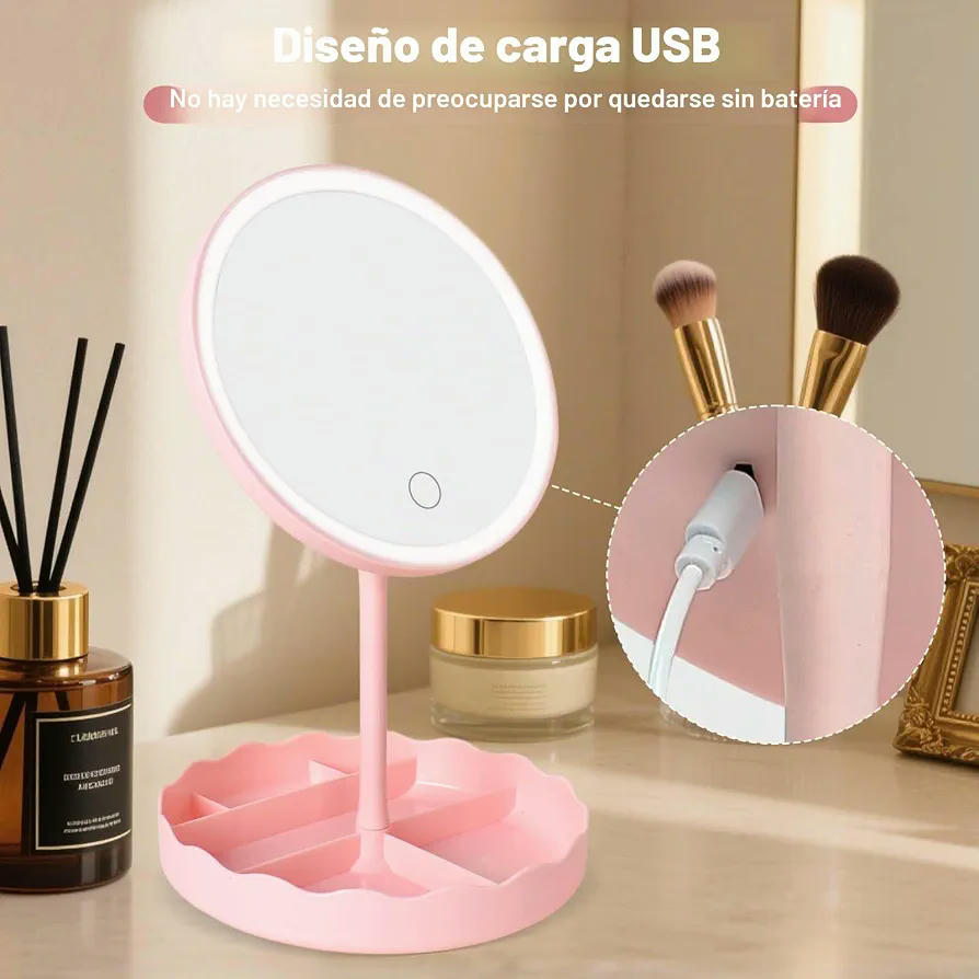 Espejo de Maquillaje con Luz LED y botón táctil, Iluminación Regulable y Diseño Elegante (Rosa)
