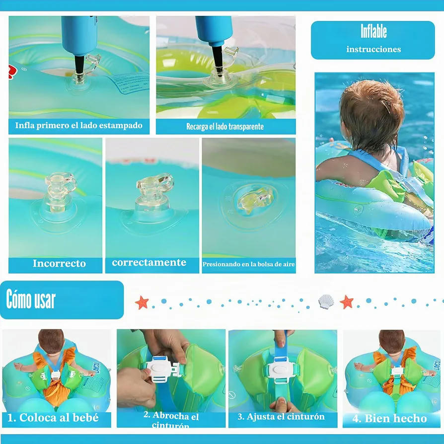 Flotador Inflable para Bebés con Asiento de Seguridad y Respaldo, Ideal para 6 a 12 Meses (Azul Verde Turquesa)