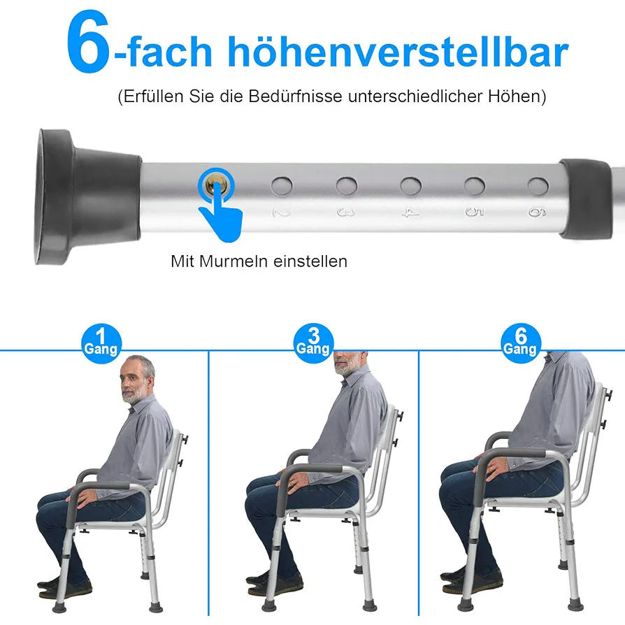 Silla de ducha regulable, 5 niveles de altura 37,5 - 50,5 cm, taburete antideslizante con respaldo y reposabrazos, asiento de aluminio y polietileno resistente