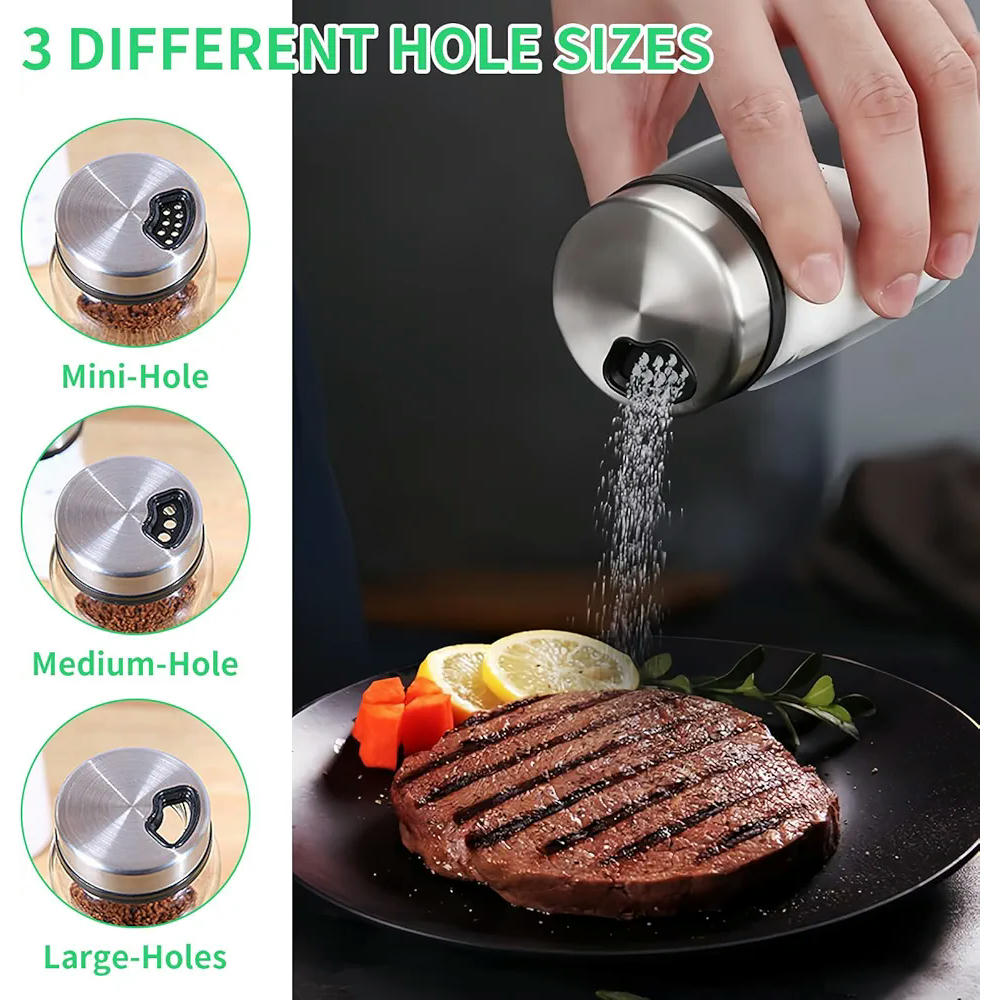 Botellas de especias de vidrio, 2 piezas, tarro ajustable con tapa giratoria, tres orificios, 200 ml, ideal para cocina y parrilla