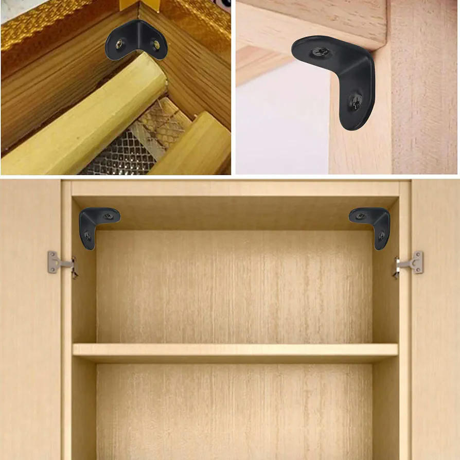 Conectores angulares negros 20 unidades 20x20 mm con tornillos, refuerzo antienvuelco para muebles, perfiles angulares perforados para mesas y armarios (color negro)