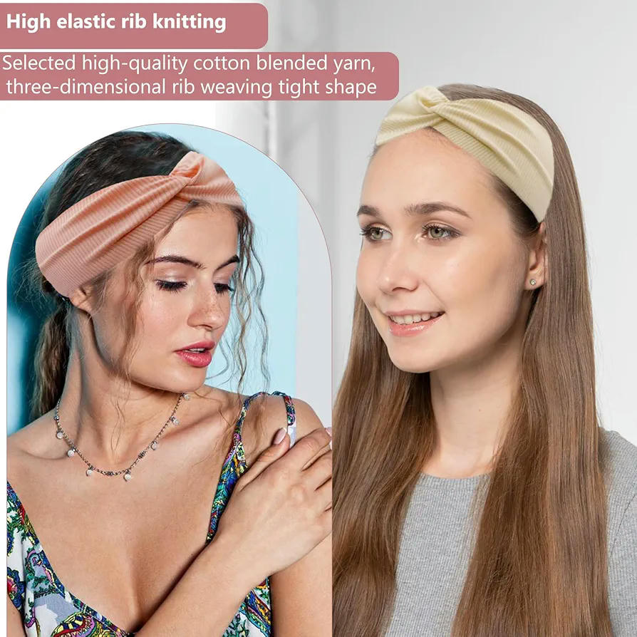 Turbante Elástico Paquete de 5 unidades, Diademas Anchas para Mujer, Cintas de Pelo Suaves para Yoga y Ejercicio, Colores Variados Blanco Roto, Azul Marino, Gris Claro, Gris Oscuro, Rosa (Multicolor)