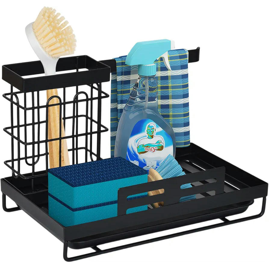Organizador de fregadero para cocina y baño, portaesponjas y toallero, soporte multiuso con drenaje, acero al carbono, dimensiones 24,6 x 15 x 16 cm