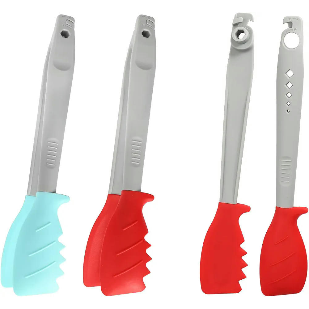 4 Pinzas de Cocina de Silicona de 28 CM con Sistema de Bloqueo para Alimentos (Color Rojo y Azul)