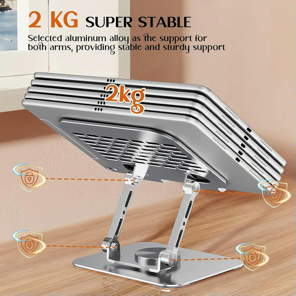 Soporte de Tablet Ajustable y Plegable de Aluminio, Giratorio 360 Grados con Base Antideslizante, Accesorio de Escritorio Universal para Tablets y Teléfonos