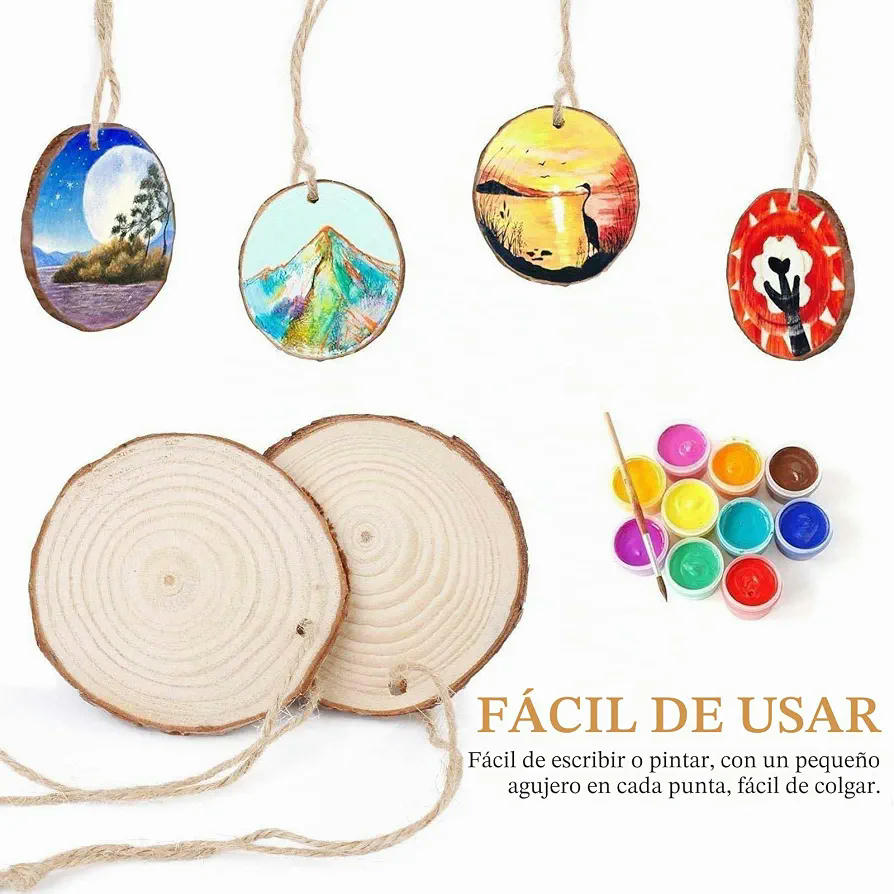 30 Discos de Madera Natural, Perforados, 6-7 cm, con 10 m de Cuerdas, para Decoración