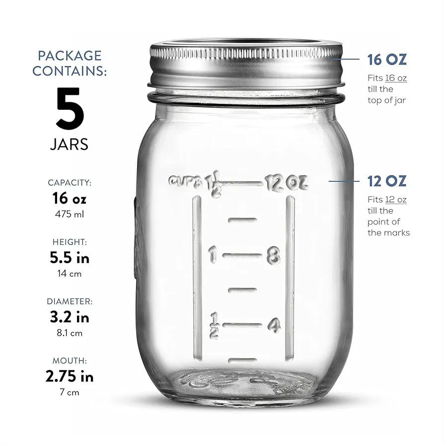 Pack de 5 tarros de cristal de 473 ml con tapa hermética y bandas de sellado para encurtidos y conservas