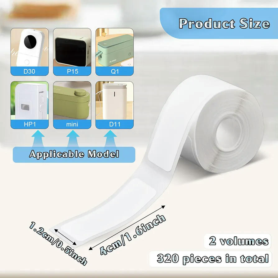Etiquetas Adhesivas Termosensibles 12x40 mm para Impresoras de Etiquetas - Rollo de 160 Etiquetas, 2 Rollos (Blanco)