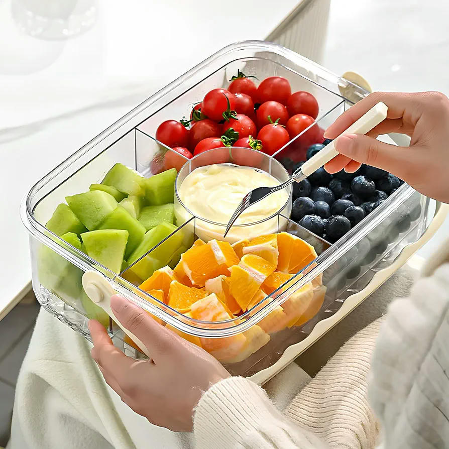 Bandeja de Aperitivos con Tapa, Recipiente Hermético para Alimentos con Asa Portátil y Compartimentos