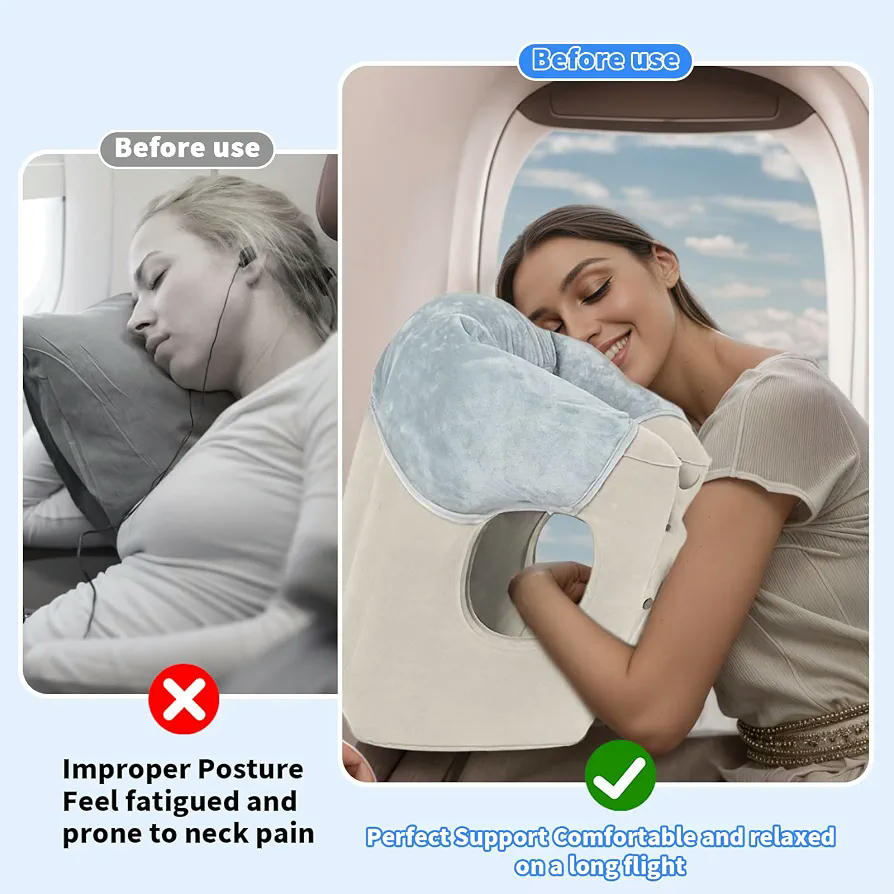 Almohada de Viaje Hinchable con Soporte Cervical, Fácil de Inflar, Ideal para la Oficina y Viajes, en bolsa de transporte, Color Gris