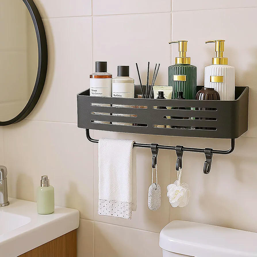 Organizador de Baño de Ducha sin Taladro con Ganchos, Estante Multifuncional, 32 x 12 cm (Gris)