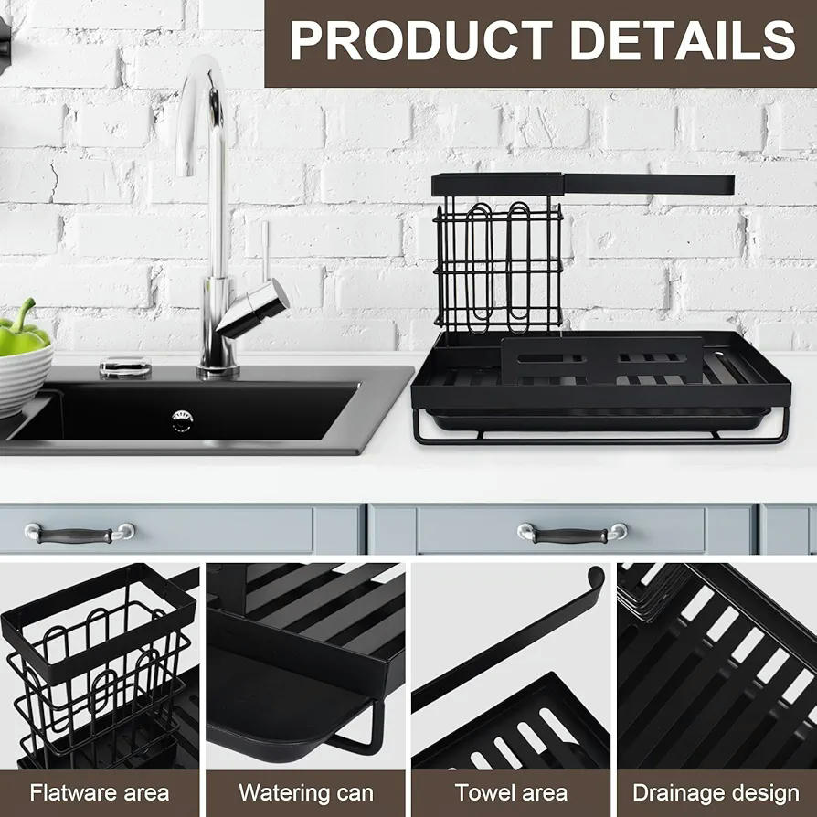 Organizador de fregadero para cocina y baño, portaesponjas y toallero, soporte multiuso con drenaje, acero al carbono, dimensiones 24,6 x 15 x 16 cm