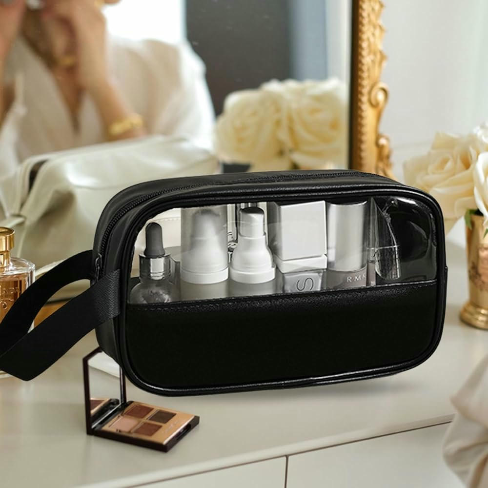 Necessari de Benestar Transparent, Organitzador de Viatge per a Dona i Home, Bossa de Cosmètics Impermeable, Emmagatzematge Pràctic en Color Negre