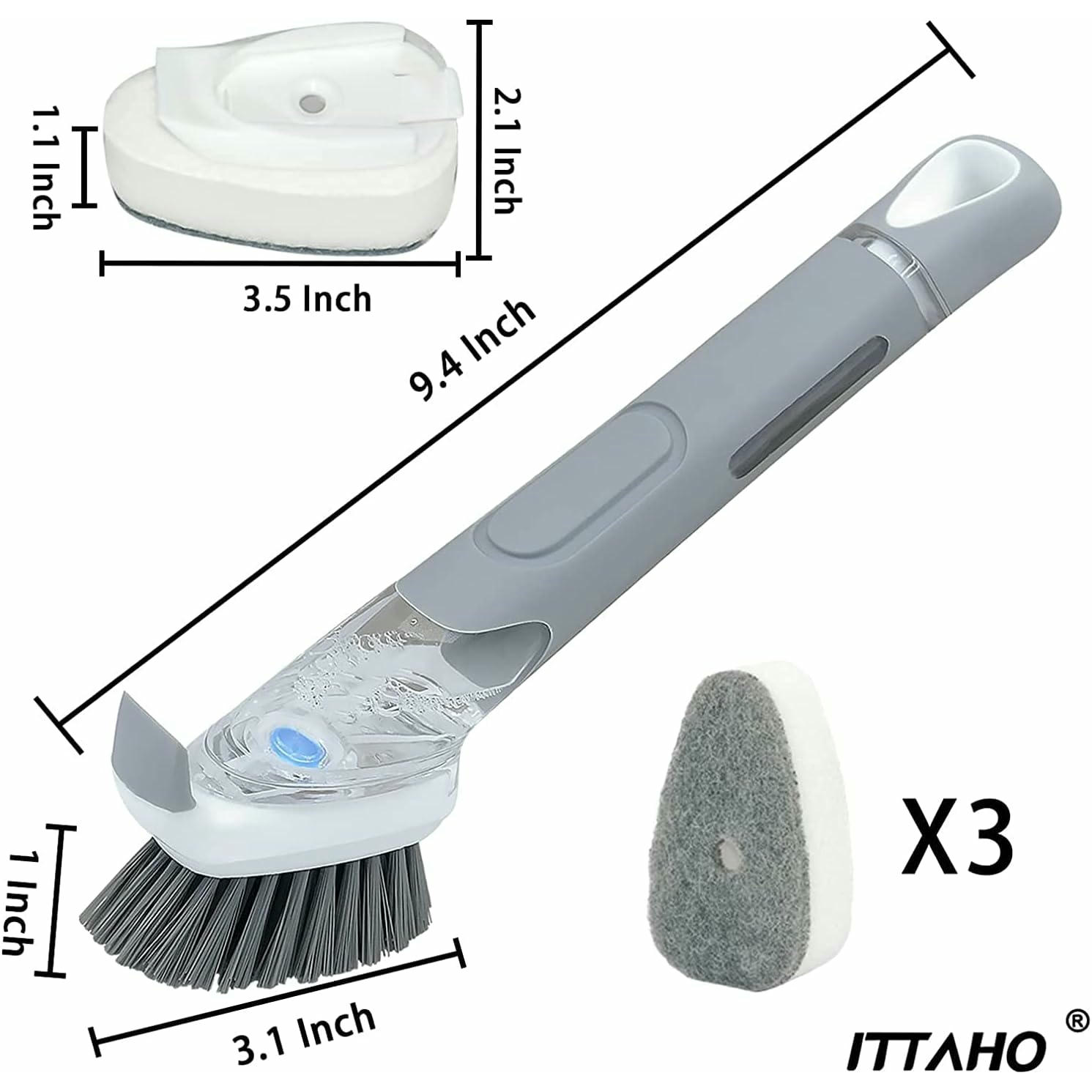 Cepillo dispensador de jabón para platos con 3 recambios de esponja, cepillo de cocina antiarañazos con mango ergonómico para limpieza eficiente