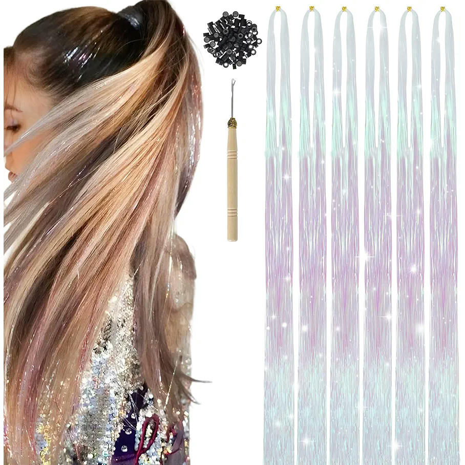 Extensiones de Cabello Sintético de 120 cm con Brillos Plata para Peinados (Multicolor)