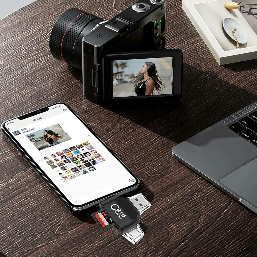 Lector de Tarjetas SD y Micro SD Multifuncional con Conectores USB-A, USB-C y Lightning, Color Negro