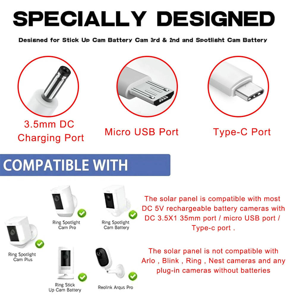 Panel solar de 5 W para cámaras Ring con cables Micro USB y USB-C