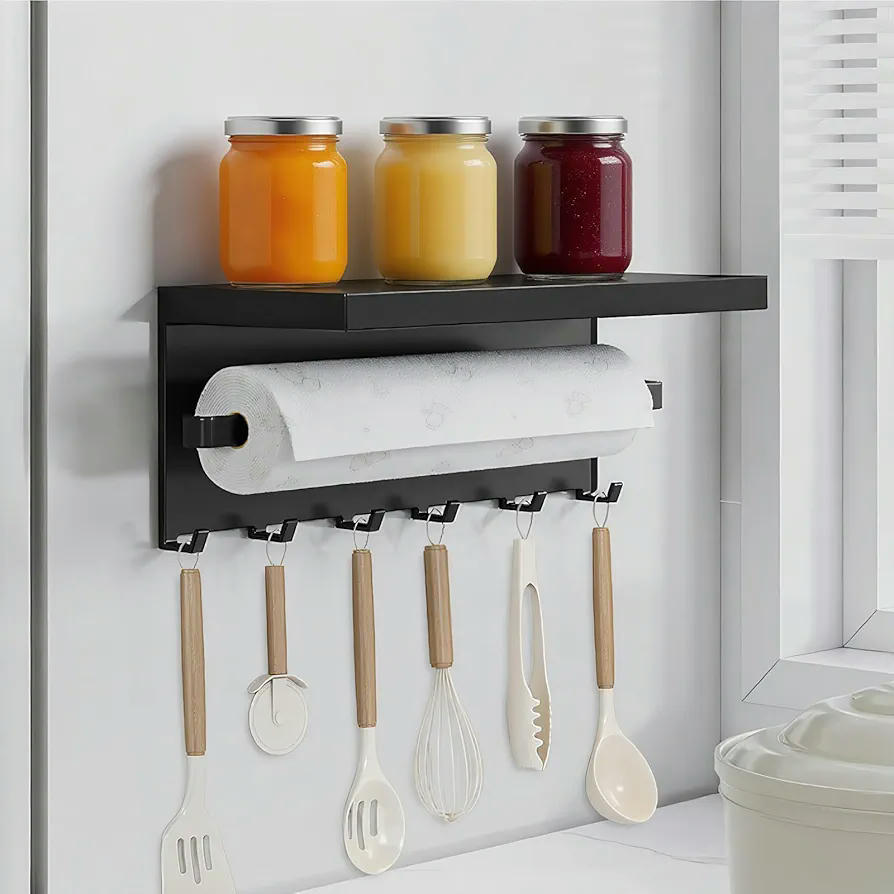 Estante Magnético para Especias - Organizador Multiusos de Cocina con Estantes y Ganchos, Sin Perforación (28 x 14,5 x 9,5 cm), Color Negro