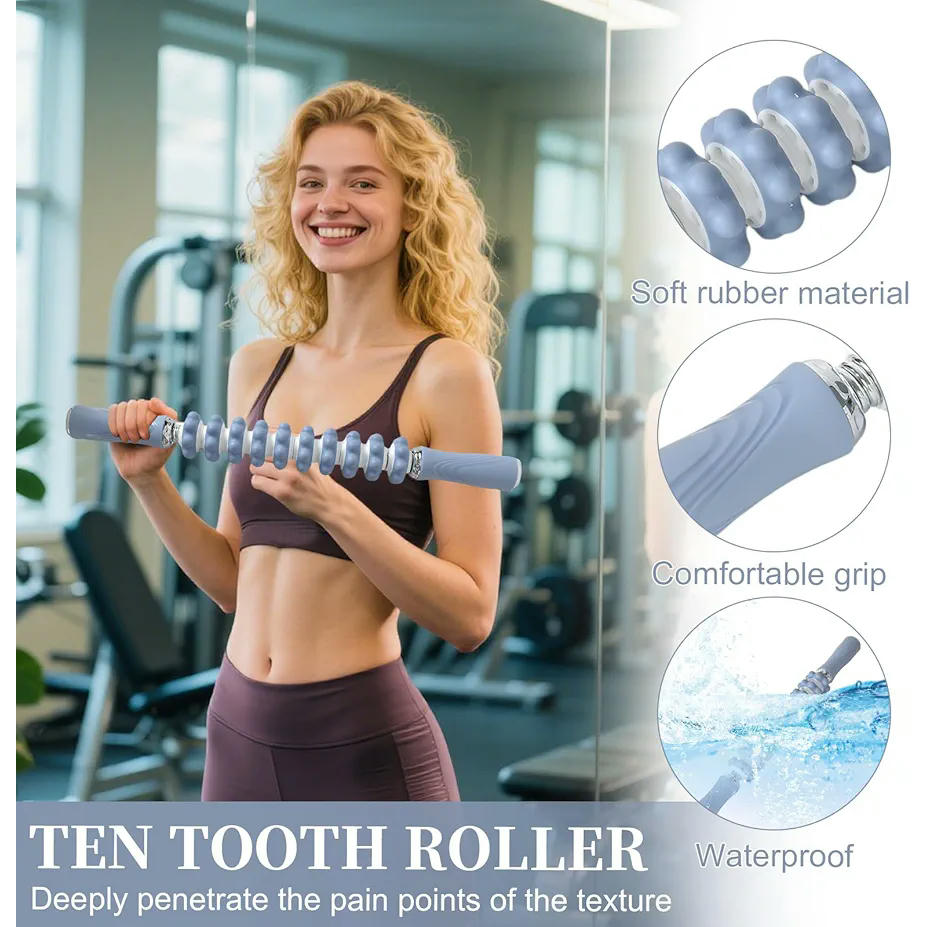 Rodillo de Masaje Muscular con 10 Rollos para Recuperación y Fisioterapia, Ideal para Piernas, Espalda, Hombros y Cuello (Azul)