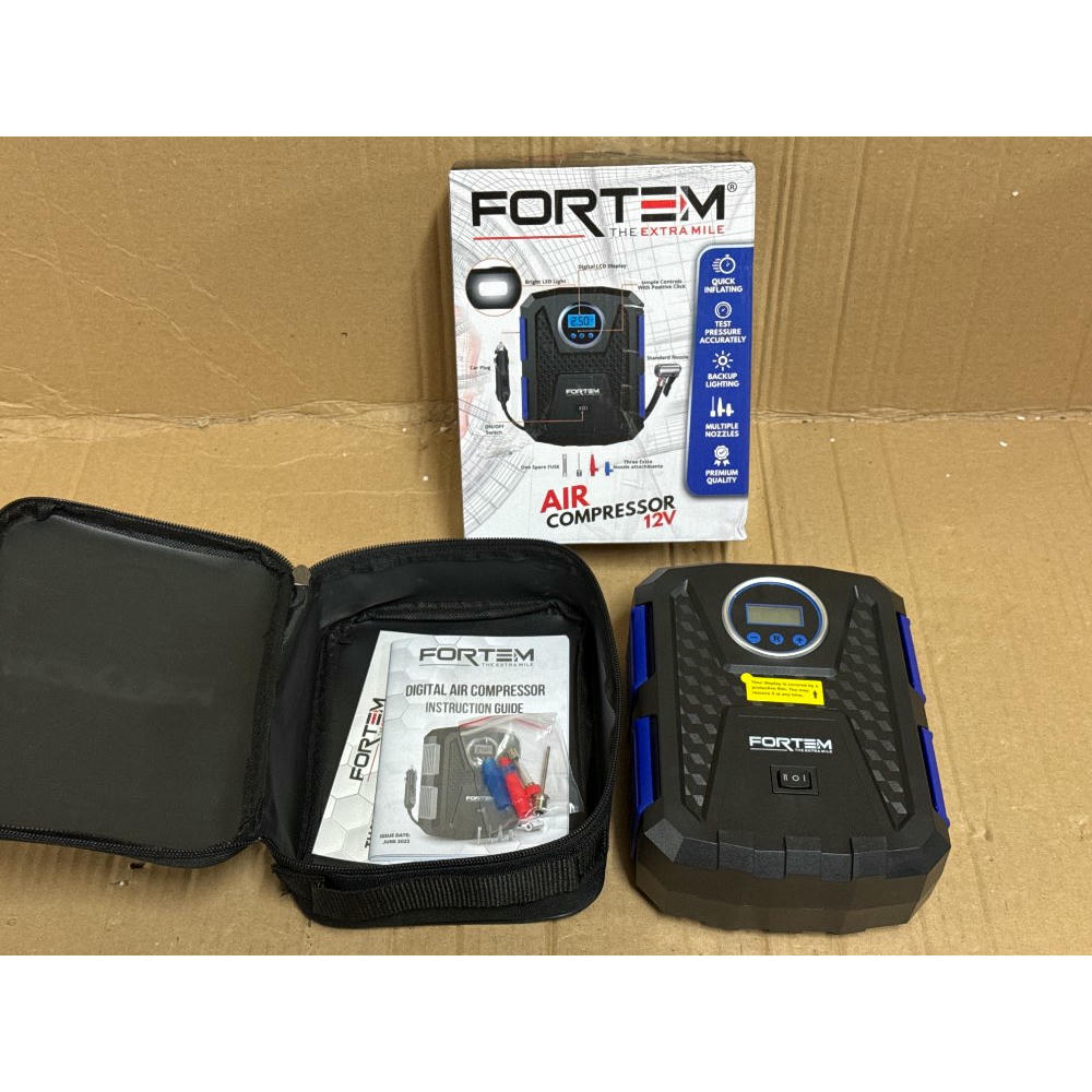 FORTEM Inflador de Ruedas de Coche, Compresor de Aire - Compresor de Aire Portátil para Ruedas de 12 V con Luz LED - Manómetro Digital, Autobombeo, Parada Automática - Bolsa de Transporte (Azul)