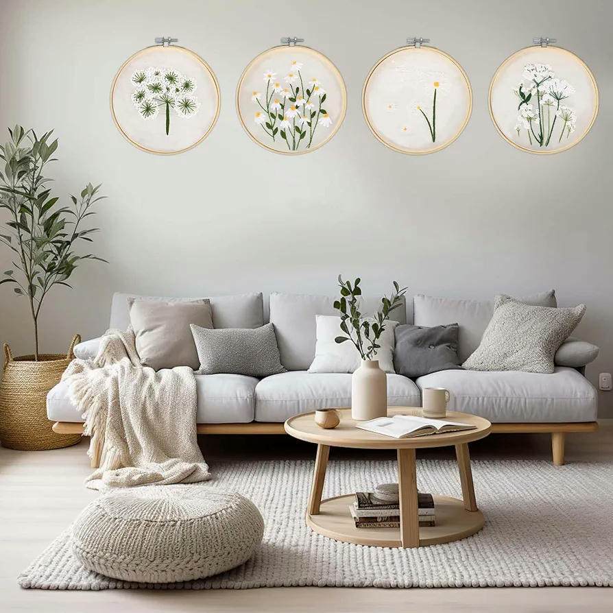 Kit de Inicio de Bordado con Patrón de Flores y Pájaros, Instrucciones y Herramientas Incluidas (Blanco Beige)