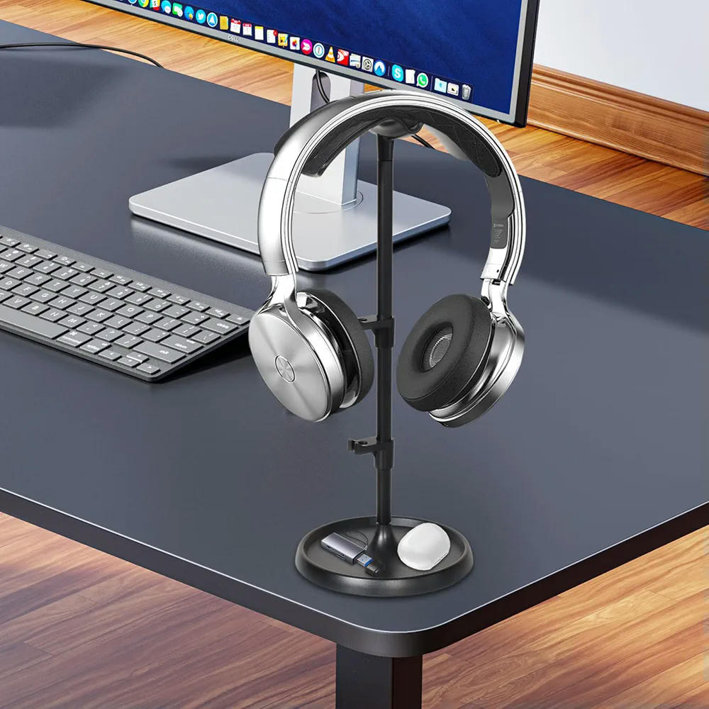 Soporte Curvo para Auriculares con Bandeja de Almacenamiento, Accesorios de Escritorio para Juegos (Negro)