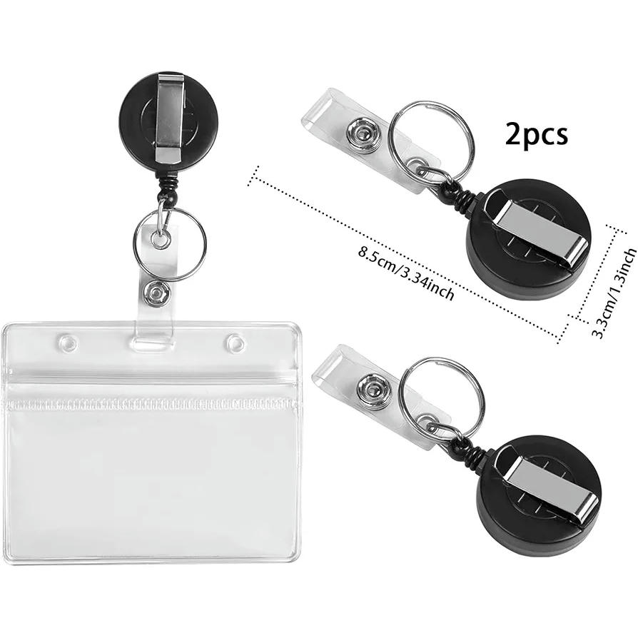 Porta Credencial Retráctil 2 Piezas, Carrete Extensible con Cordón para el Cuello, Funda para Tarjeta de Identificación, Ideal para Oficina y Estudiantes