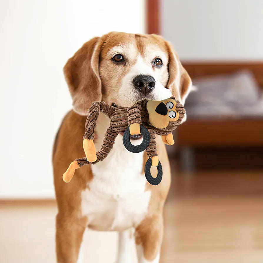 Juguete Interactivo para Perro con Sonido - Peluche Lavable y Anillo de Caucho para Masticar (Marrón)