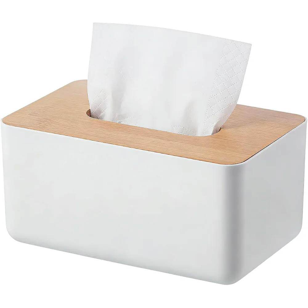 Caja de Pañuelos con Tapa de Madera de Bambú, Dispensador Rectangular para Toallitas 21 x 13 x 10 cm (Blanco)