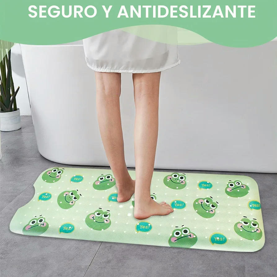 Alfombra Bañera Antideslizante Infantil 100 x 40 cm, Verde con Sapos, Lavable y Resistente al Moho, Sin BPA