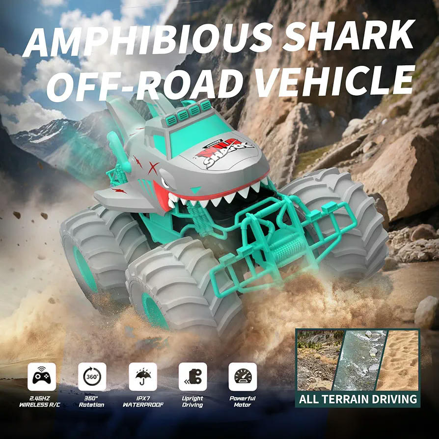 Coche teledirigido RC anfibio tipo tiburón 4WD con 2 baterías recargables, juguete impermeable para niños