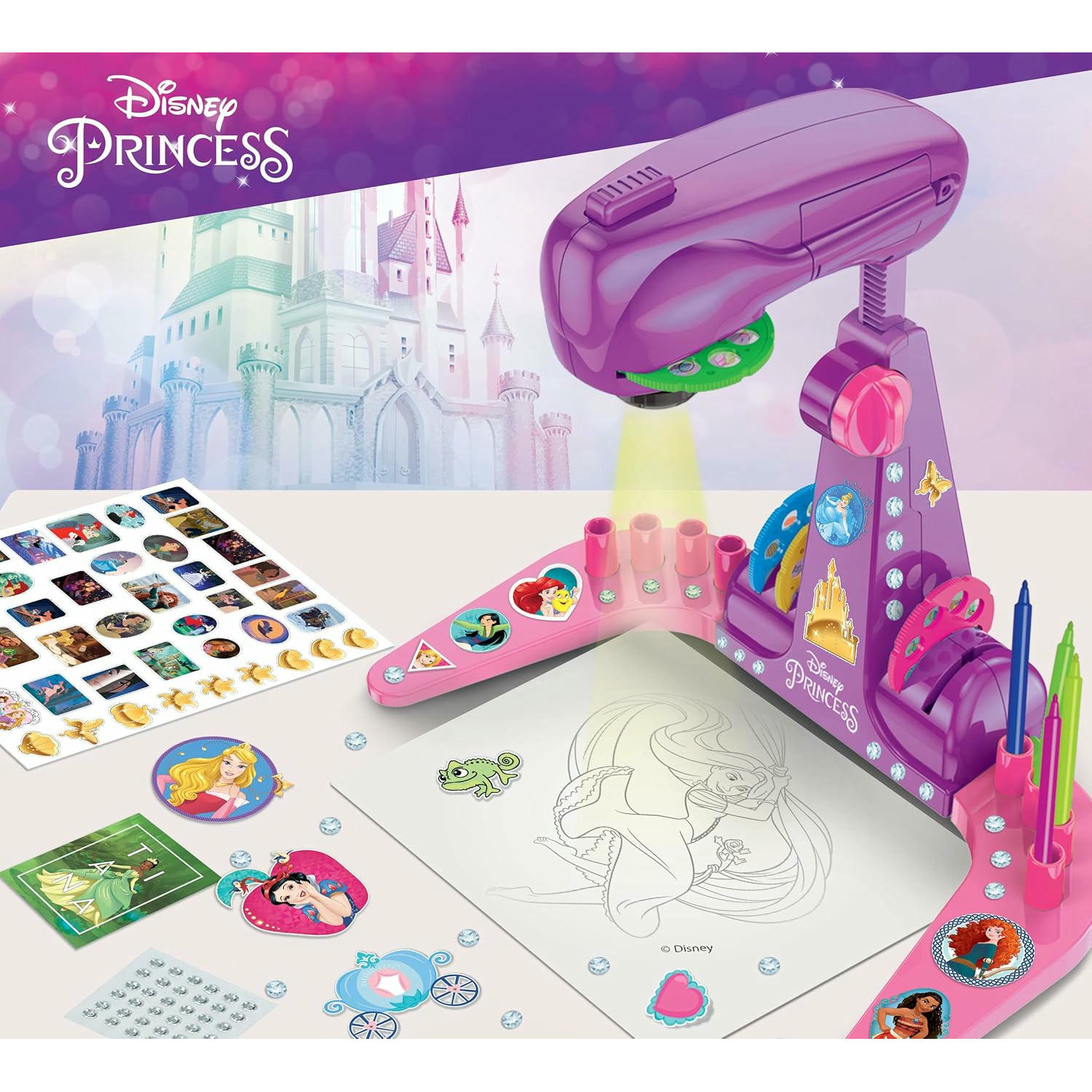 Lisciani Giochi - Escuela de dibujo con proyector de PRINCESAS DISNEY - Para niños a partir de 3 años - Aprende a dibujar con modelos proyectados - Incluye modelos, papel y lápices - Juego creativo
