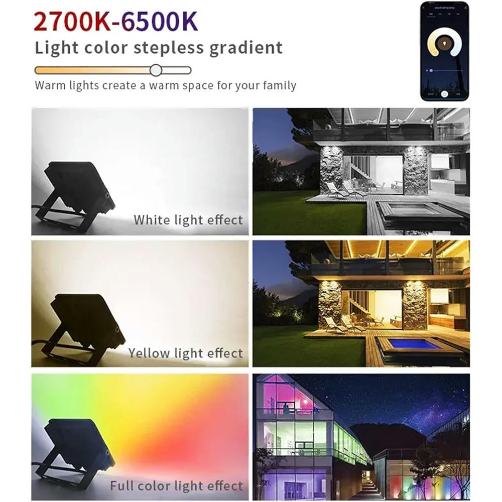 Foco LED Exterior RGB 50W, Control por APP WiFi y Bluetooth, Proyector LED Impermeable IP66, Iluminación para Jardín, Garaje, Patio