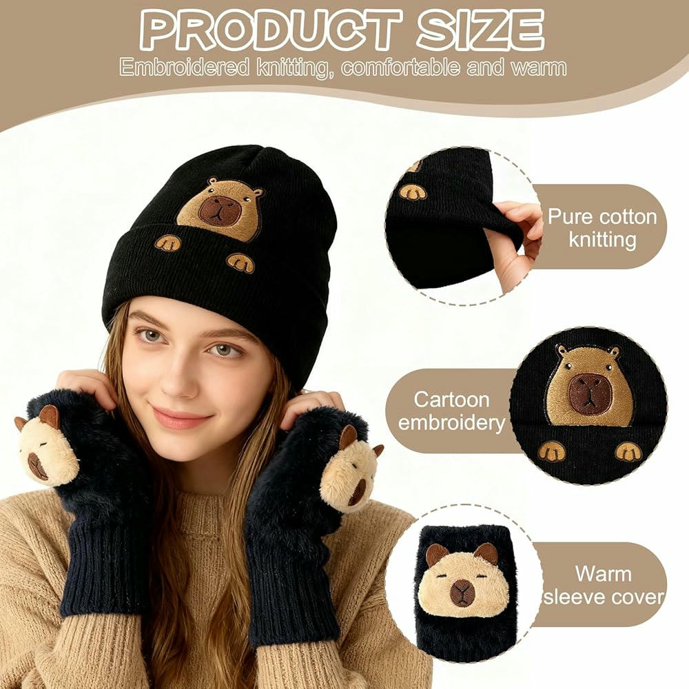 Gorro de Punto Negro con Guantes para Climas Fríos con diseño de animal Capibara (Negro)