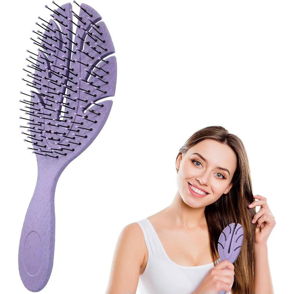 Cepillo para el cabello de paja de trigo con ventilación y masaje - Antienredos, apto para cabello seco y mojado (Púrpura)