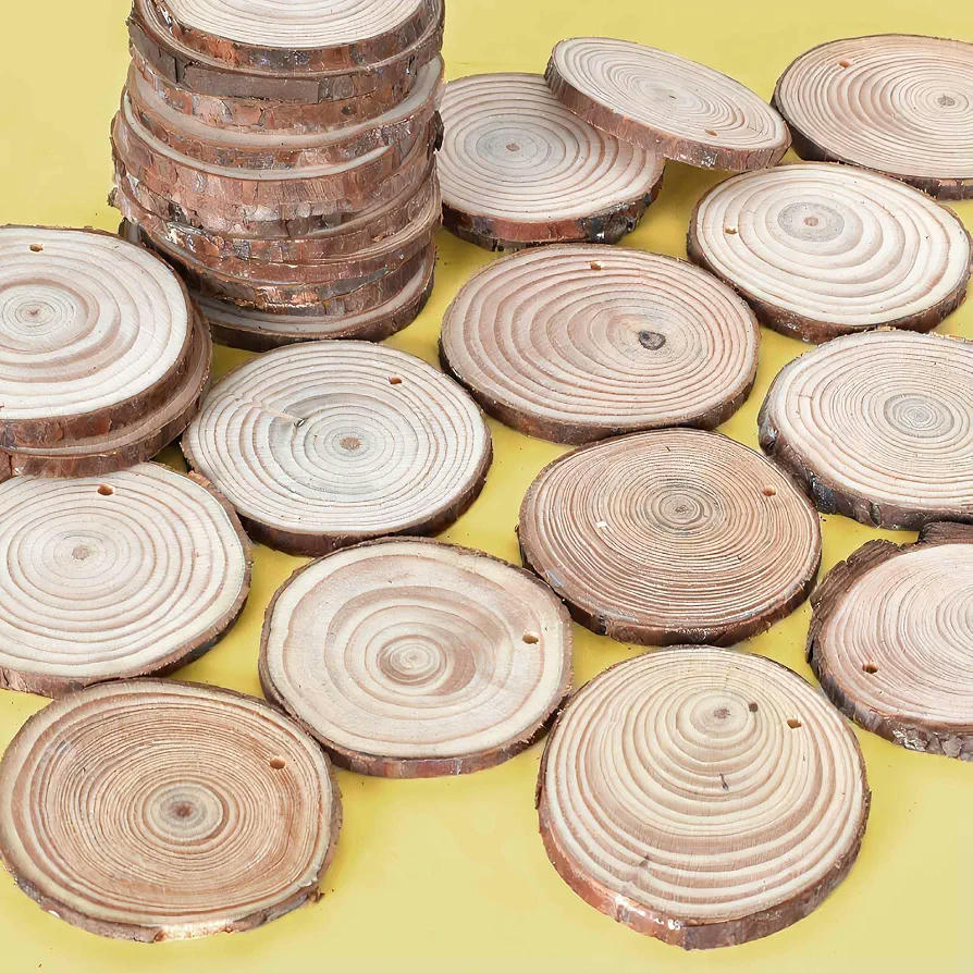 30 Discos de Madera Natural, Perforados, 6-7 cm, con 10 m de Cuerdas, para Decoración