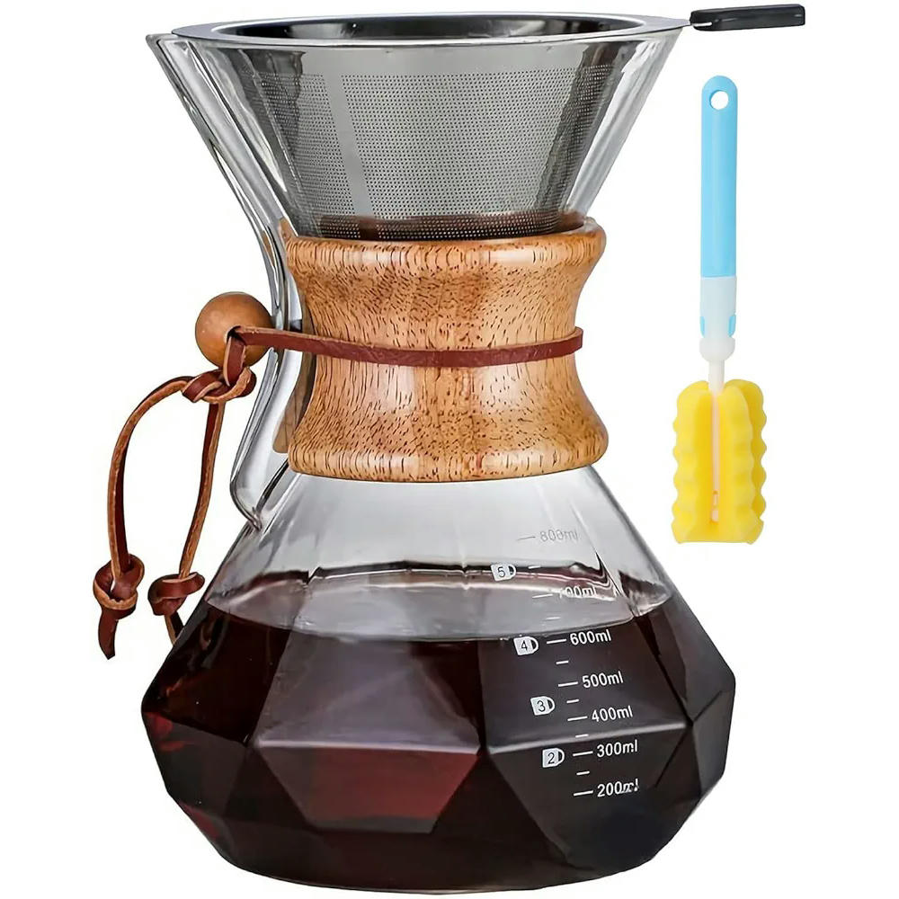 Cafetera Manual de Filtro de Cristal 800 ml, Cafetera de Goteo con Filtro de Acero Inoxidable, Marca de Alta Calidad